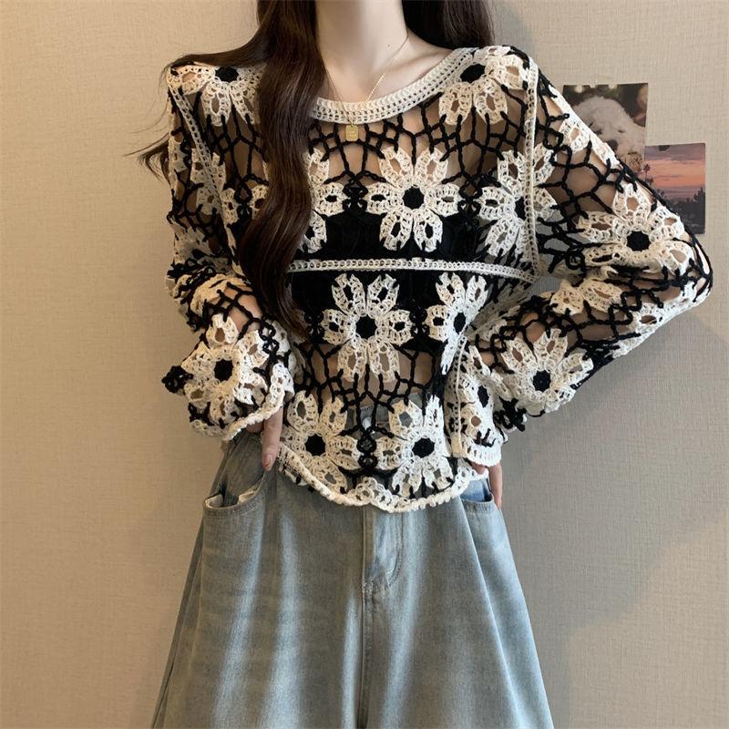 Hollow Out Knitted Shirt for Women Early Autumn New Style Large Size Slim Hollow Top