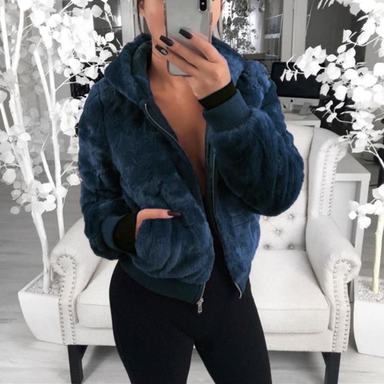 Women Bunny Fur Hooded Jacket Short Coat for Autumn Winter Female Fashion Outerwear