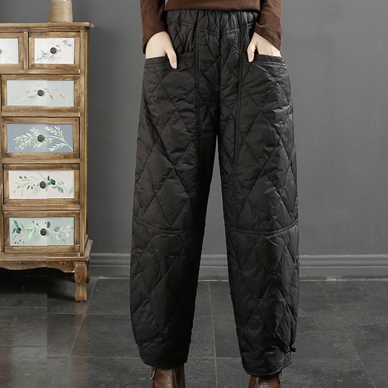 Women's Loose Rhombus‑Quilted Down Cotton Pants Windproof Warm Thick Elastic Waist Casual Winter Trousers