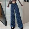 Women's Retro Jacquard High-Waist Denim Wide-Leg Pants - Autumn Slimming, Versatile, Loose Drape, American Straight-Leg Design.