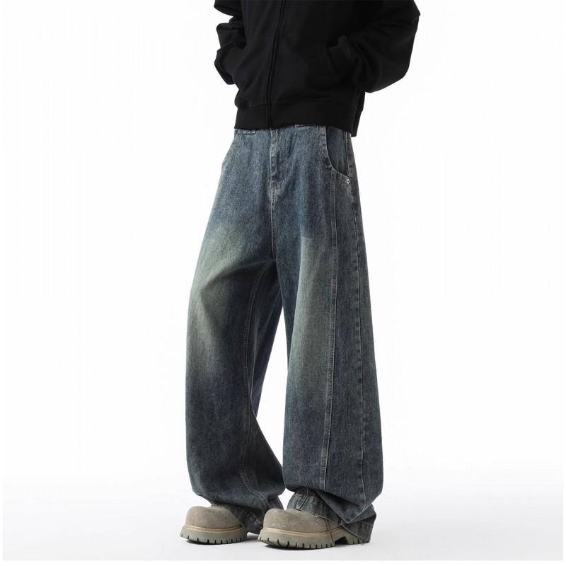 Mens Vintage High Street Wide Leg Jeans Relaxed Straight Casual Trousers Male Trendy Denim Pants