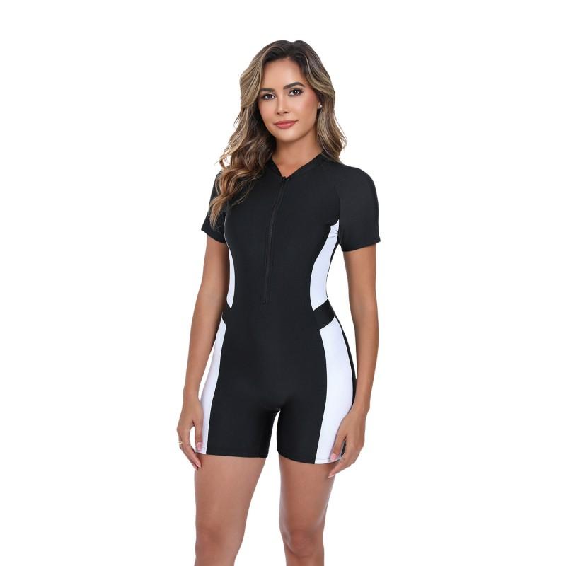 Womens Colorblock Short Sleeve Zipper Front One Piece Swimsuit Swimming Surfing Water Sports
