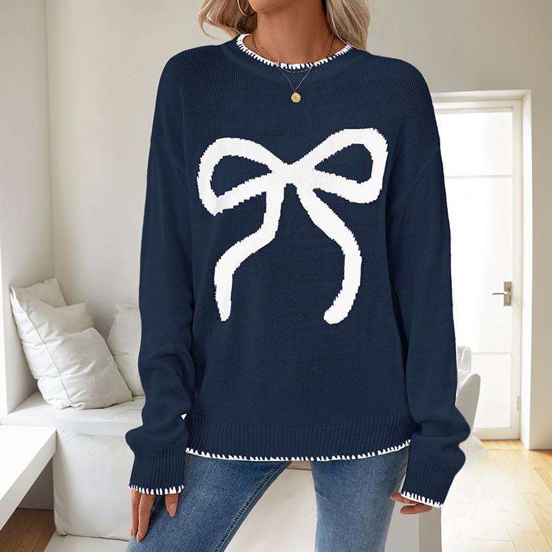 Womens Pink Christmas Sweater With Bow Detail Long Sleeve Loose Knit Top