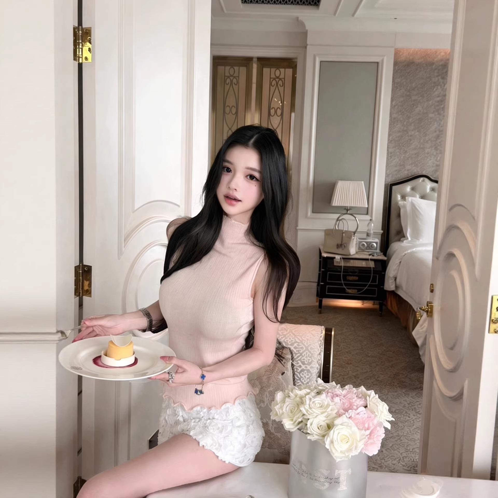 Korean Style Pink High-Neck Knit Vest, Women s Spring Sleeveless Lace Top Small