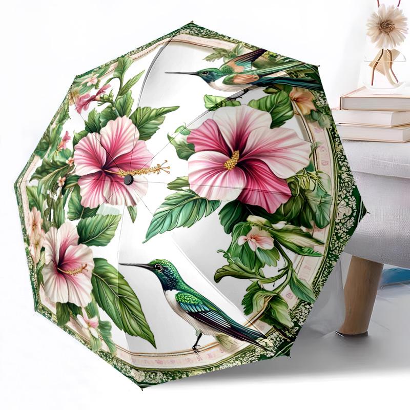 Colorful Hummingbird Flower Wreath Outdoor Automatic Umbrella Retractable Design with 8-Rib Durability Lightweight Perfect Gift for Friends Family