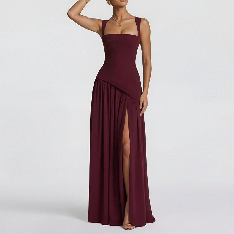 Quadratischer Ausschnitt Rückenfrei Sexy Maxikleid Damenrobe Elegant Ärmellos Hoher Beinschlitz Plissiert Club Party Langes Kleid