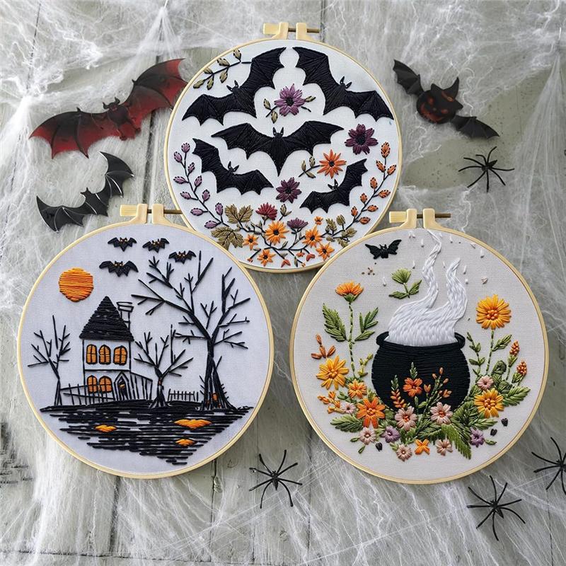Kit di Base per Ricamo Gotico, Set da 4 Kit Punto Croce di Halloween, Kit di Ricamo di Halloween per Principianti