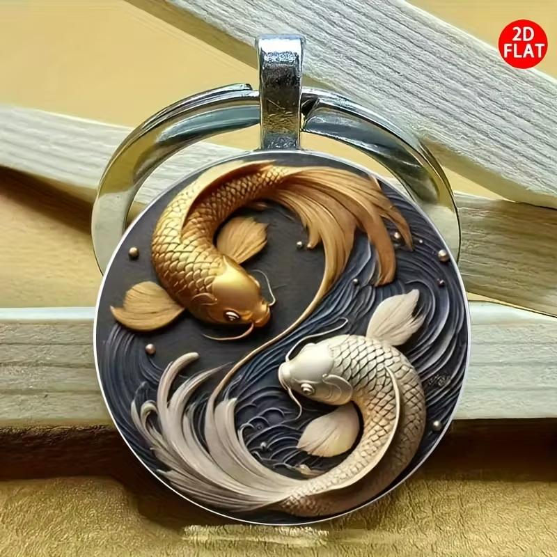 Fashion New 2D Yin Yang Koi Round Glass Lucky Pendant, Fashion Bag And Car Key Decoration, Holiday Gift