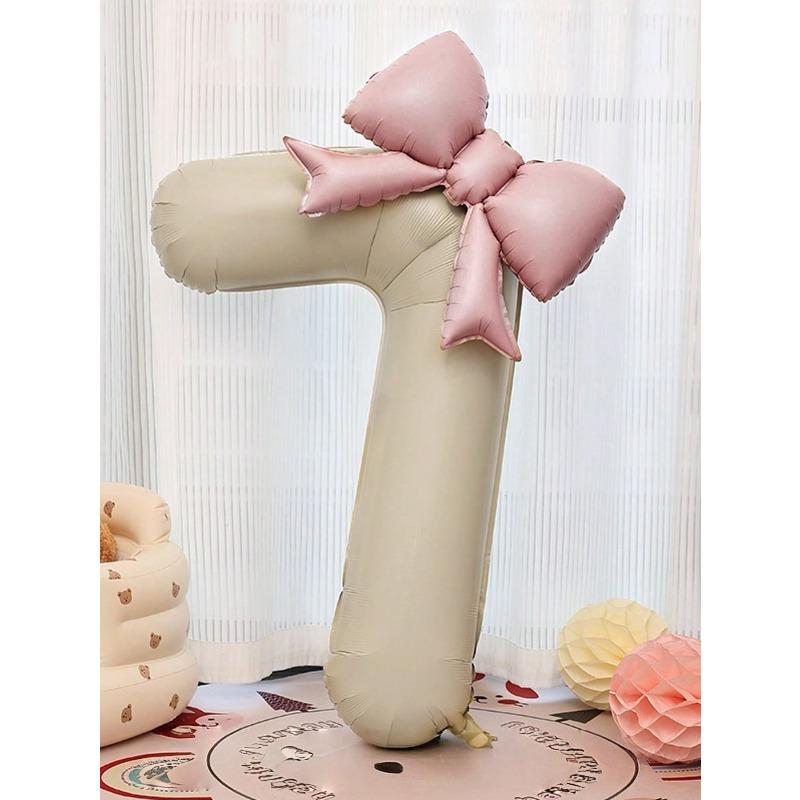 Extra Large Cream White Number Foil Balloons With Pink Bow, Suitable For Birthday Party Decoration, Anniversary Celebration