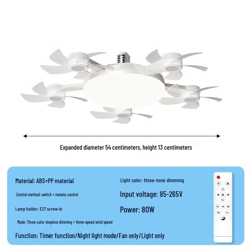 LED Fan Light E27 Base: Silent, Multi-Functional 5-Head Drone Model for Living Room & Bedroom