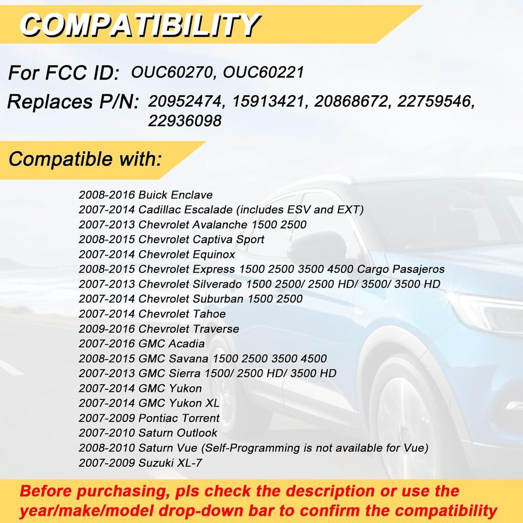 Key Fob Keyless Entry Remote Compatible with Chevrolet Silverado Traverse Avalanche, GMC Sierra, Pontiac Torrent, Saturn Outlook Vue 2007-2017,