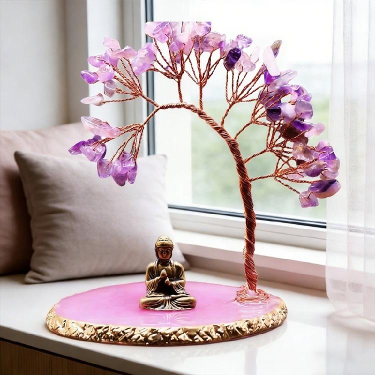 Buddhas Statue and Crystal Tree,Money Tree for Wealth and Good Luck Yogas Meditations Decors for Home Spiritual Room
