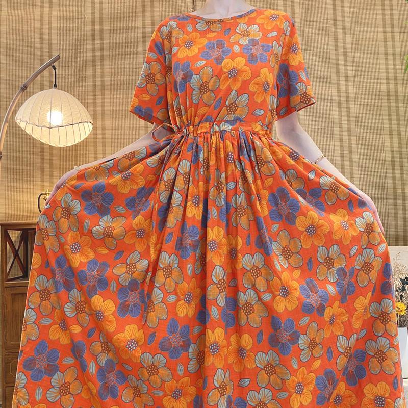 Women's Floral Print Maxi Round Neck Short Sleeve High Waist Pleated Casual Summer Dress