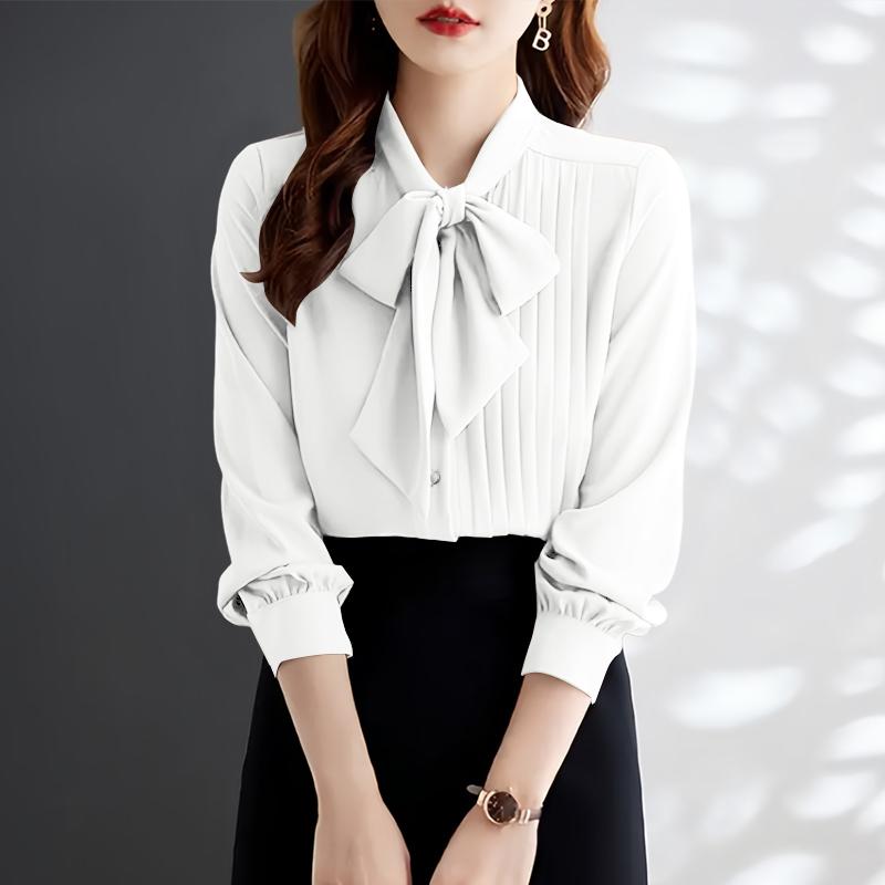 ZANZEA Women Casual Bows Round Neck Loose Long Sleeve Elegant Blouse