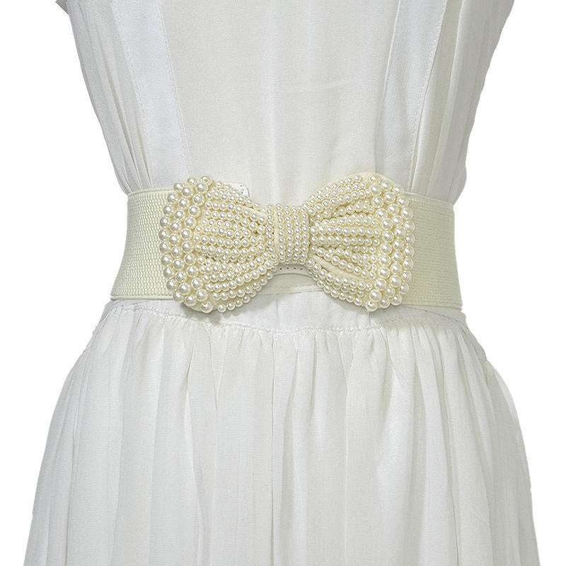 Women Pearl Bow Belt Elegant Wide Elastic Waist Cincher Fashion Accessory Dress Sash Wedding Party Waistband Stylish Adjustable All-Match Solid Color