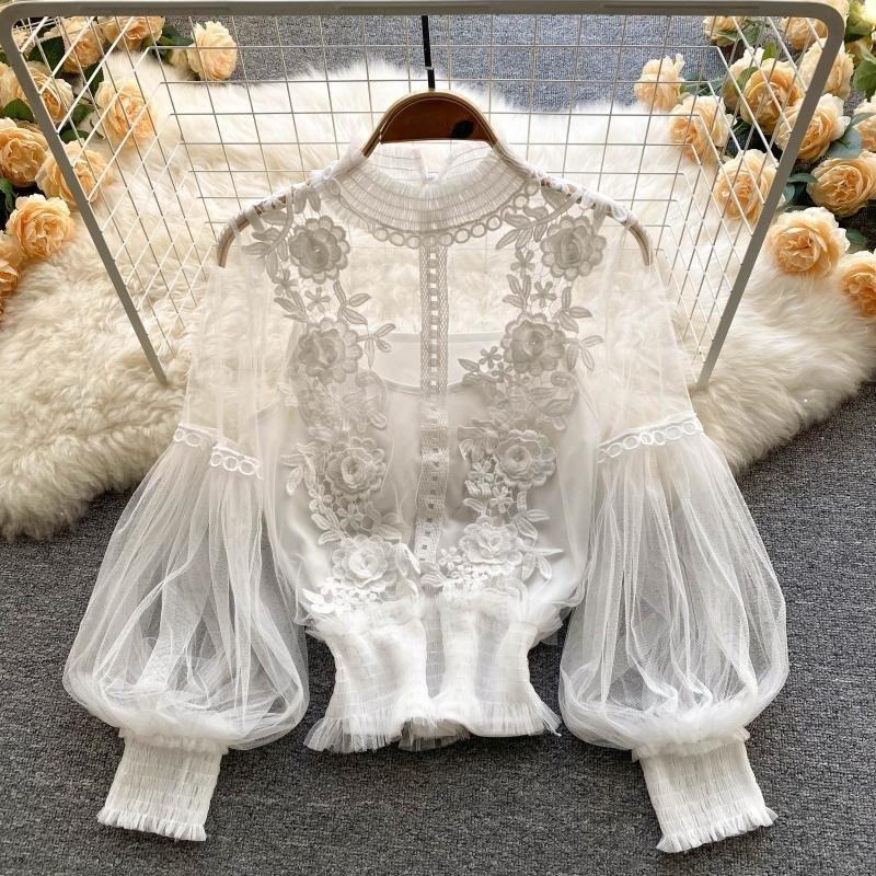 Qooth Autumn Sweet Flower Long Sleeved Lantern Sleeves Loose Lace Shirt  Mesh Top Short Shirt QT2697