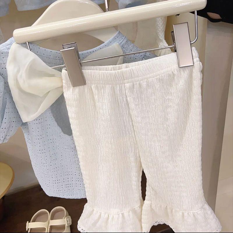 

Adorable Girls Short Sleeve T-shirt 2023 Trendy Summer Outfit With Bow Back Design And Stylish Flared Pants White Pants,80
