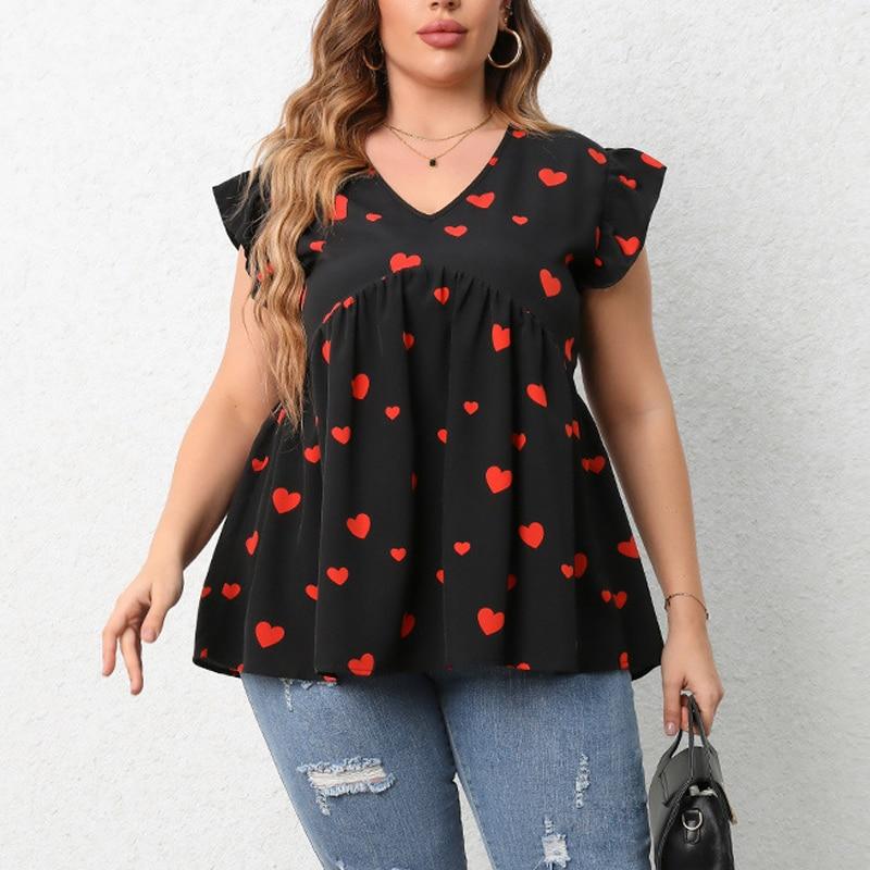 

Модная свободная плиссированная футболка L-4XL, повседневная рубашка с рюшами и принтом в виде сердца, летние топы с v-образным вырезом и бабочкой, с короткими рукавами Blusas Mujer 28081 4XL орион