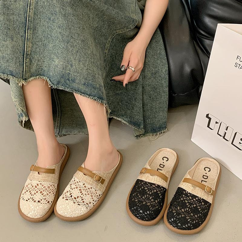 Fashion Breathable Weaving Hollow Out Women's Slippers Summer Flat Casual Mueller Shoes 2025 Women Linen Versatile Half Slides