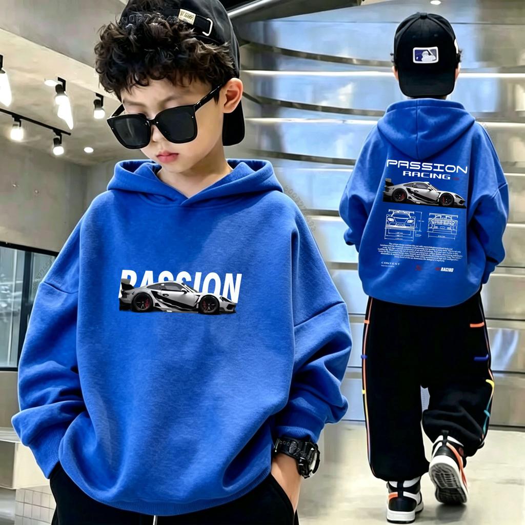 Kids Hoodie with Racing Car Print, Unisex Warm Pullover Hooded Sweatshirt, Boys Girls Oversized Long Sleeve Top Autumn Winter
