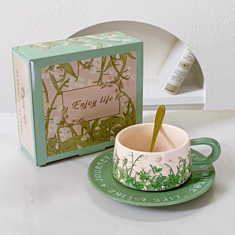 Retro Ceramic Cups And Saucers, Antique Oil Painting, Green Lily Of The Valley, Coffee Cup And Saucer, Hepburn Style Afternoon Tea