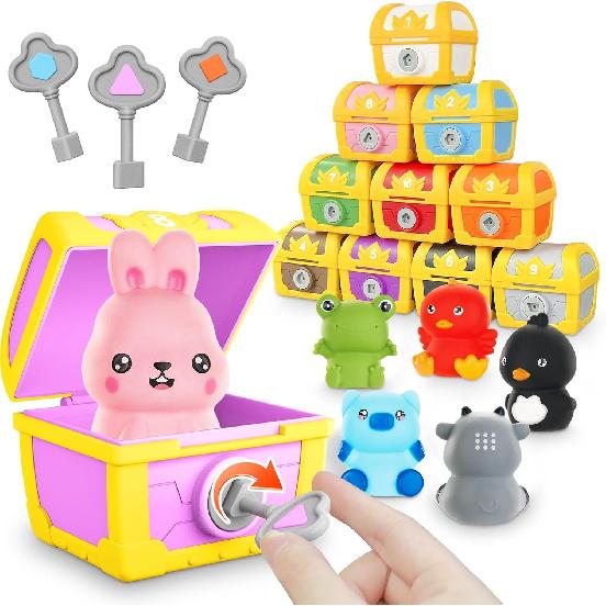 Обучающие игрушки для малышей, 10 шт. Игрушки Фермерские животные, Пальчиковые куклы, Сундуки с сокровищами с ключами, Игра на счет и сопоставление чисел, сортировка по цветам, Монтессори
