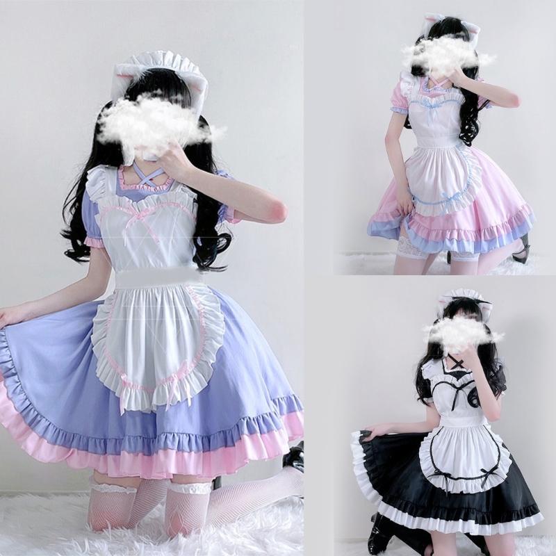 3Pcs Sweet Maid Outfit Women Anime Maid Costume Fancy Dress Cosplays Costume Maid Dress with Headwear Apron