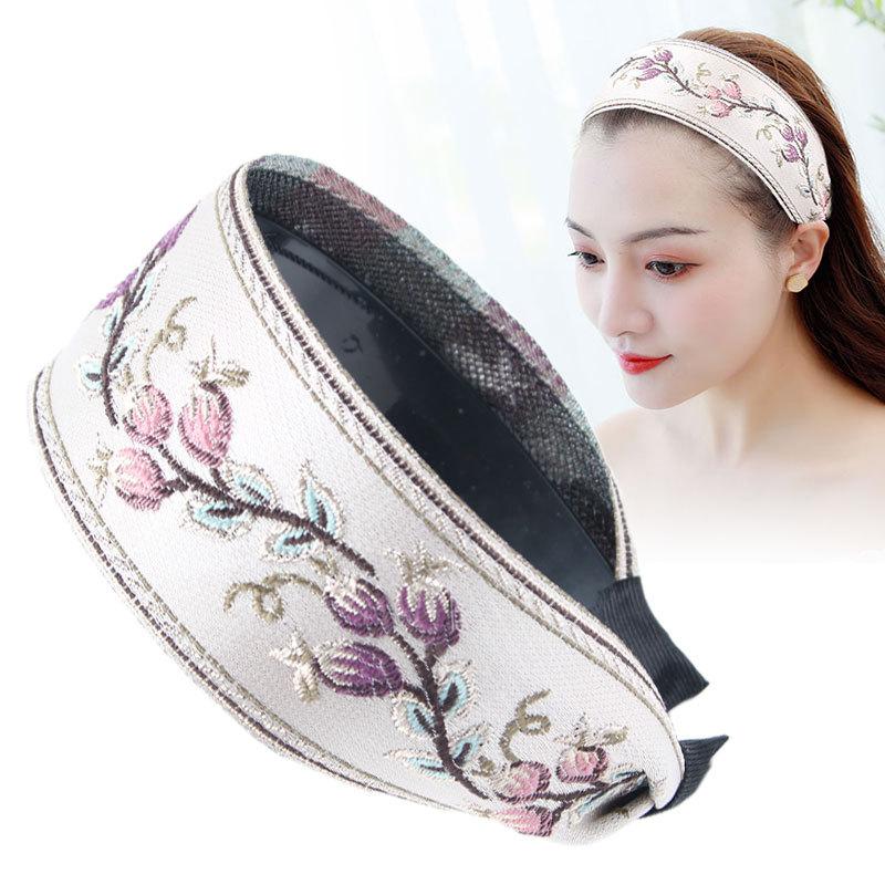 Retro French Embroidered Flower Headdress Hair  Wide-Edged Headband Classic Toothed Non-Slip Headband Hair Bands for Women