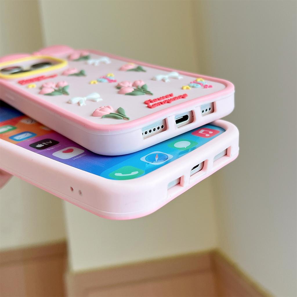 For iPhone 16 Pro Max Silicone Case Cute 3D Tulip Design Shockproof Phone Back Cover with Lanyard
