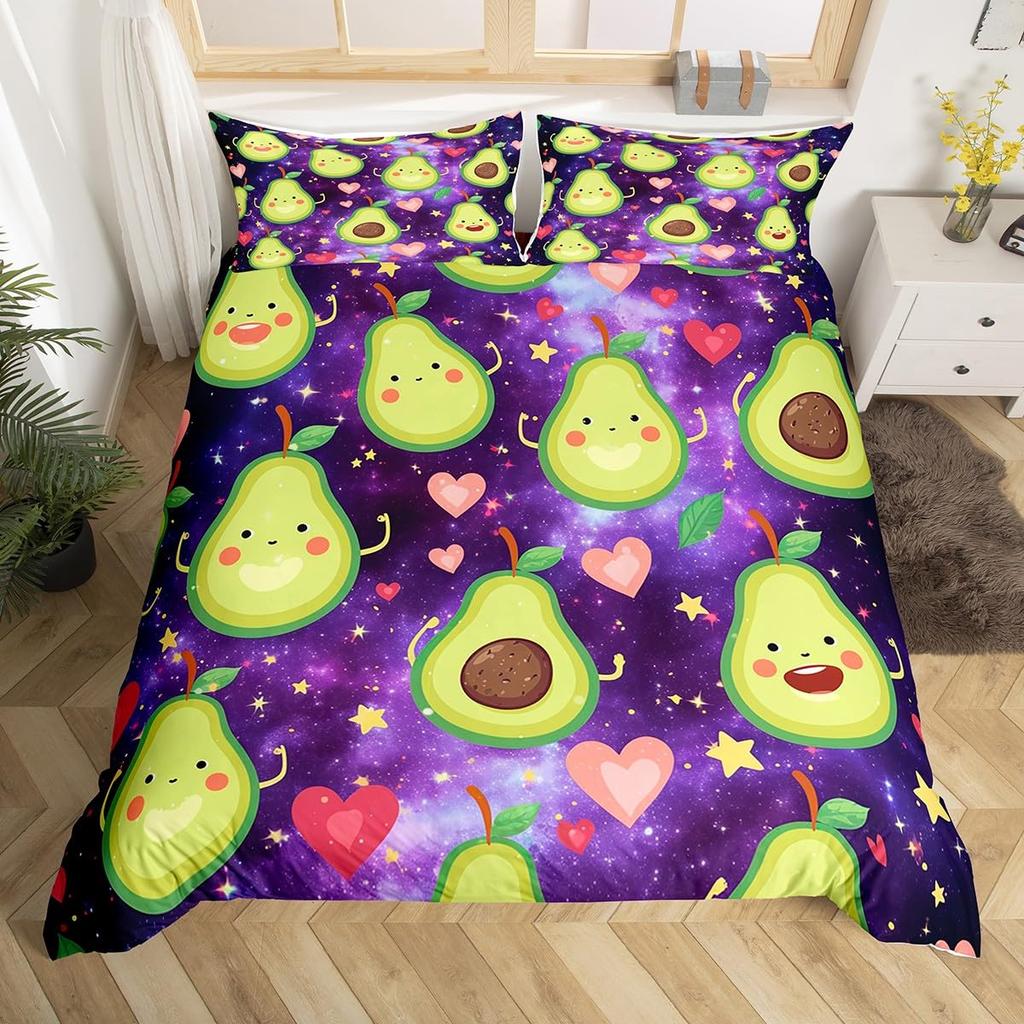 Avocado Bedding Set Full Queen Galaxy Comforter Cover for Kids Teen,Kawaii Fruit Duvet Cover Cartoon Tropical Food Bedroom Decor
