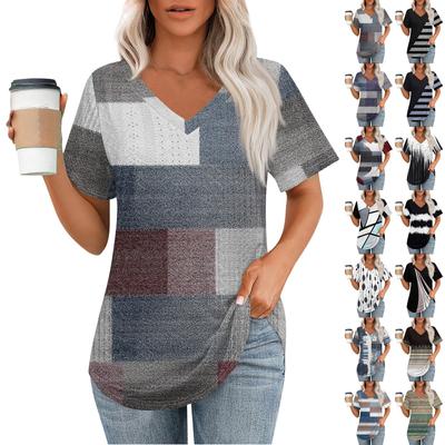 Damen-T-Shirts mit V-Ausschnitt, kurzärmelig, lässige Oberteile, lockere Passform, Basic-T-Shirts mit abgerundetem Saum