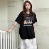 High Quality Pure Cotton Plus Size Tee Shirt Summer Funny Cartoon Print T Shirt Women Clothes Harajuku Oversized Mesh Splicing T-shirt Black Y2k Tops