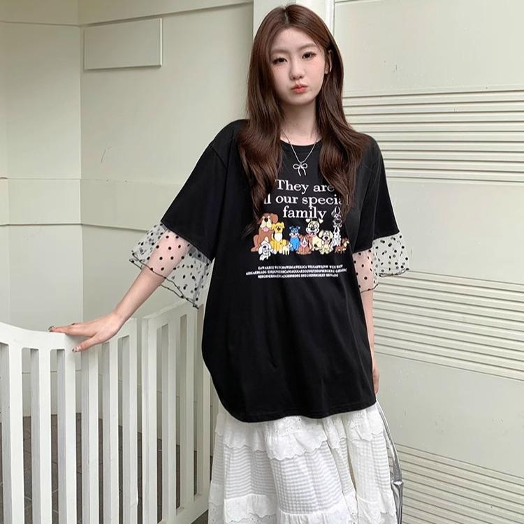 High Quality Pure Cotton Plus Size Tee Shirt Summer Funny Cartoon Print T Shirt Women Clothes Harajuku Oversized Mesh Splicing T-shirt Black Y2k Tops