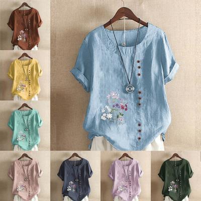 Tricou cu mânecă scurtă printat, cu flori și plante, la modă pentru femei, cămașă lejeră din bumbac, ocazional, bluză de vară, topuri, marimea mare