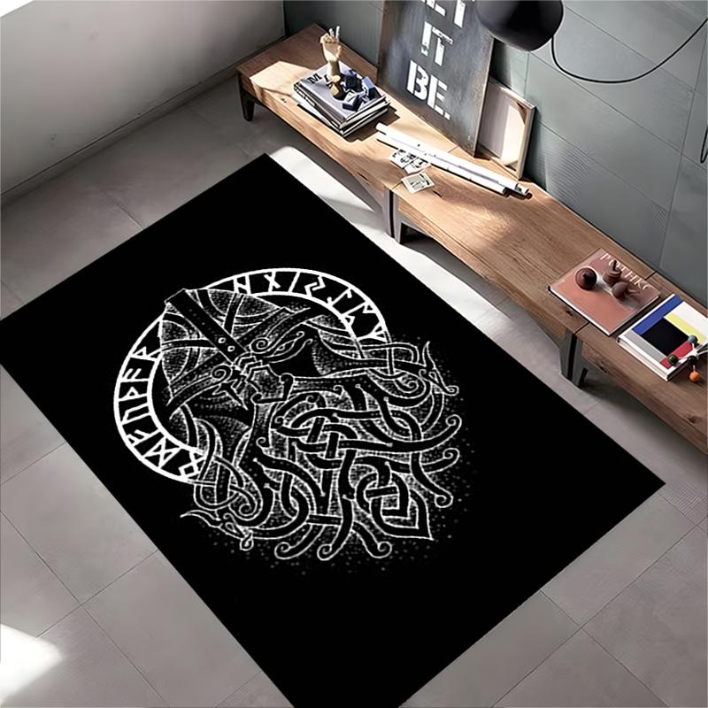 Spiritual Area Rug, Viking Warrior Beard Rune Circle White Black Dotwork Poster, Living Room Decor, Non-Slip Mat