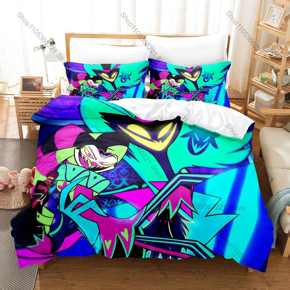 Helluva Bedding Set Duvet Cover + 2 Pillowcases Adult Dark Cartoon Imp Demon Blitzø Stolas Red Hell Neon Gothic Bedroom Decor