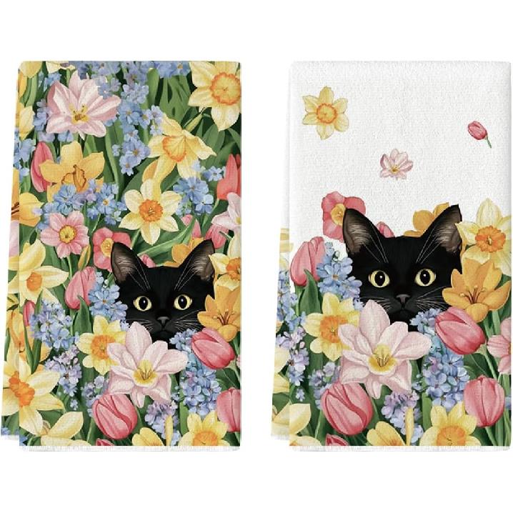 Artoid Mode Tulip Wild Flowers Black Cat Spring Kitchen Towels Dish Towels, 18x26 Inch Farmhouse Floral Decoration Hand Towels Set of 2