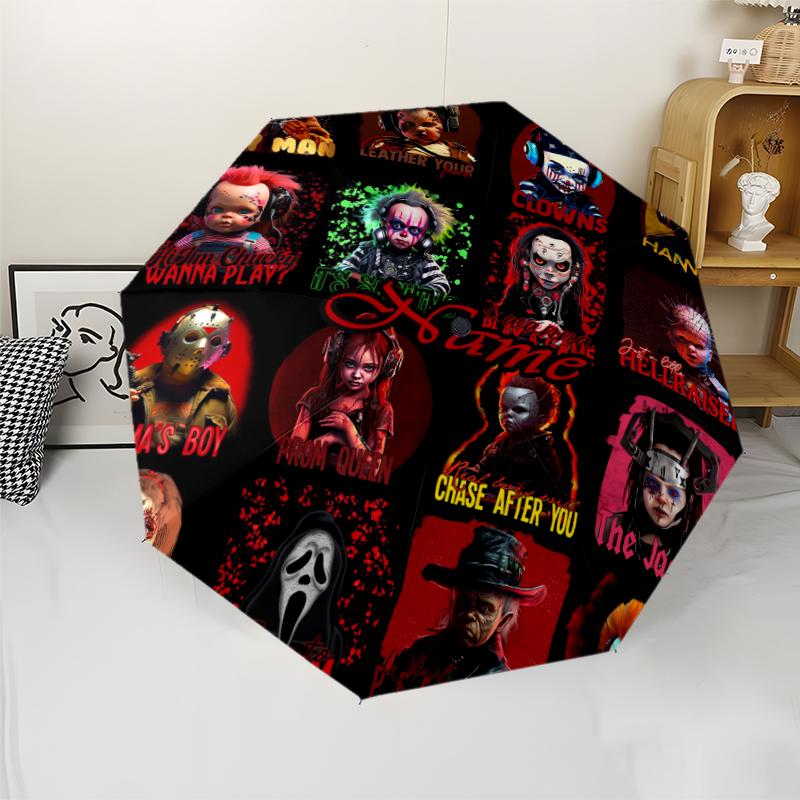 Custom Name Halloween horror Theme Automatic Umbrella, Lightweight & Portable, 8 Rib, Perfect for Outdoor Travel, Birthdays, Christmas, Gifts.