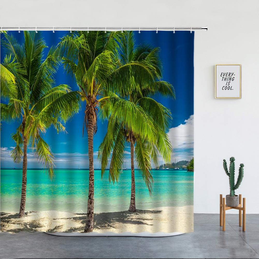 Beach Palm Trees Shower Curtains Sunset Island Hawaii Ocean Natural Landscape Polyester Bathroom Decor Cloth Bathtub Curtain Set