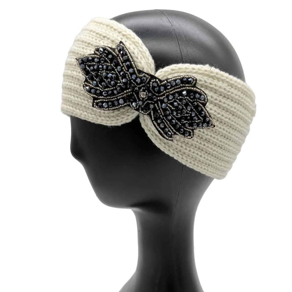 Crystal Beaded Winter Knit Headband Warm Turban Headwrap Hairbands Wool Ear Warmer Headscarf Head Wear Hair Accessories for Women Bandeau Bandanas