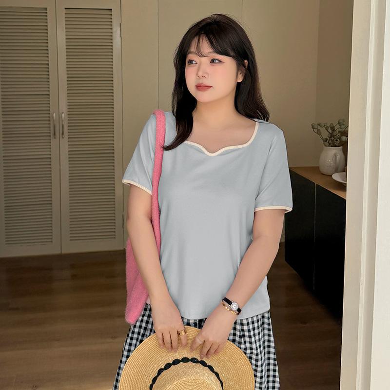 Large size women's clothing design sense V-neck short-sleeved T-shirt spring and summer new front shoulder elastic top 121984