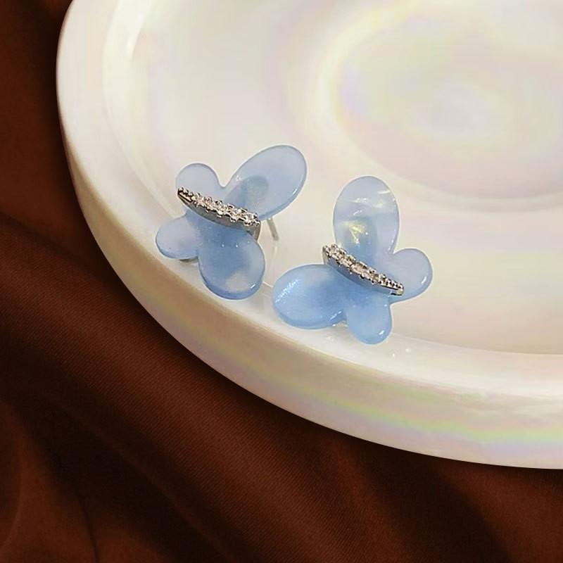 Fresh And Sweet Wind Exquisite Blue Resin Butterfly Earrings Niche Light Luxury Temperament High-End Earrings Accessories
