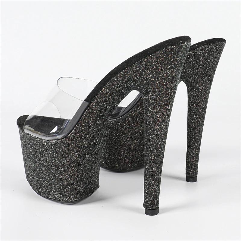Eilyken Street Style Sequin Cloth PVC Transparent Open Toe Women Slippers Stiletto Heels Nightclub Fashion Stripper Mules Shoes