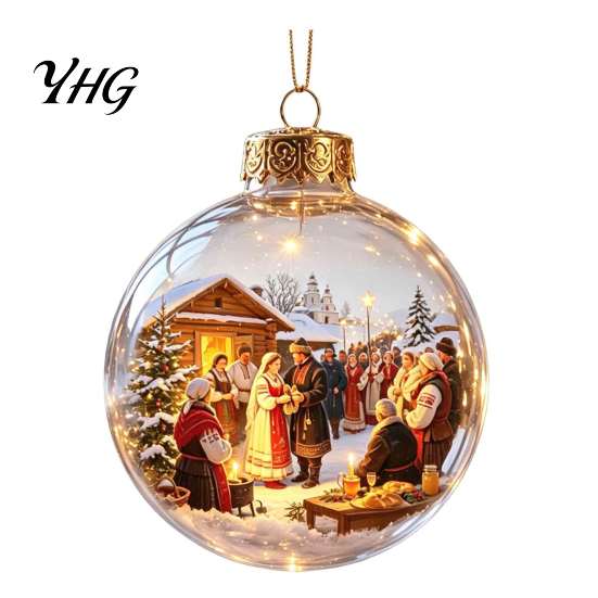 Xmas Fireplace Hanging Ornaments Glowing Christmas Story Ornament, Light-Up 3D Ball with Warm LED, Mini Garden Holiday Scene Clear Decoration