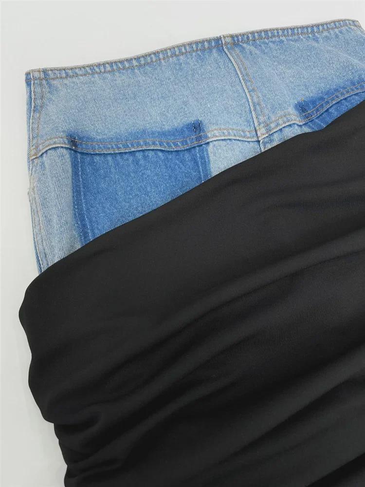 Modern Deconstructed High-Waist Black Pleated Denim Skirt with Spliced Design for Women