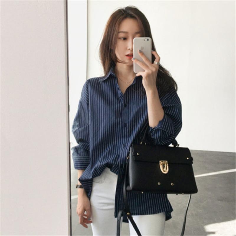 1116 autumn new medium and long loose blue vertical striped BF large size long-sleeved shirt women's summer