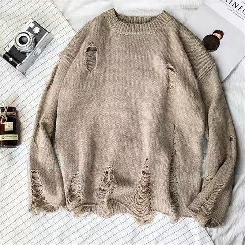 Women's Knit Pullover Sweater Crew Neck Long Sleeve Distressed Hem and Sleeve Casual Loose Fit Soft Fabric Sweater