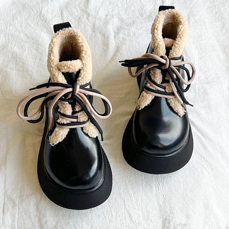 Fashion Round Toe Lace-up Chunky Snow Boots for Women Leather Plush Booties Comfortable and Elegant Footwear Autumn Winter Woman Shoes