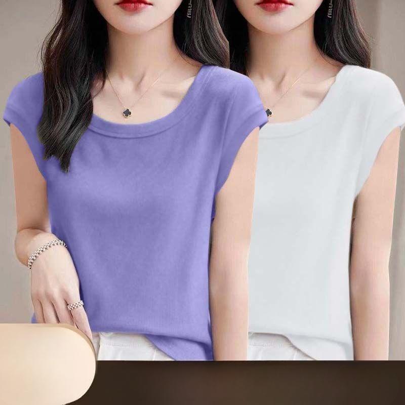 Women Modal T Shirt Short Sleeve Summer Slim Fit Flutter Sleeve Round Neck Comfortable Casual Tee