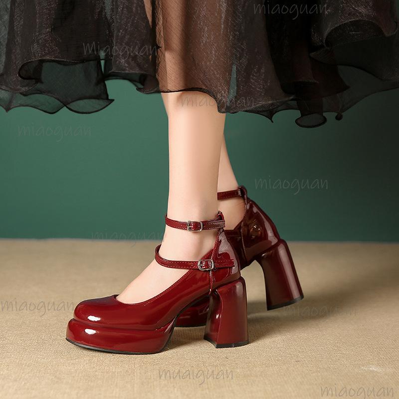 Fashion French Burgundy Mary Jane Shoes Women's Round Toe Chunky Heel Single Shoes High Heel Platform Sandals Patent Leather Size35 40